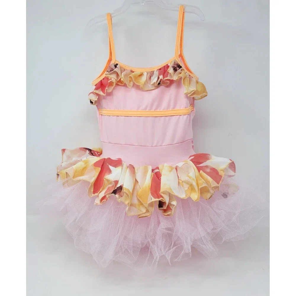 Duck Crossing Girls Ballet Tutu Skirted Leotard Dress 1pc Pink Orange Ruffle